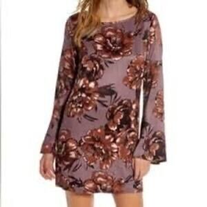 Leith Floral Burgundy Maroon Long Sleeve Bell Sleeve Mini Dress 70s Mod Medium